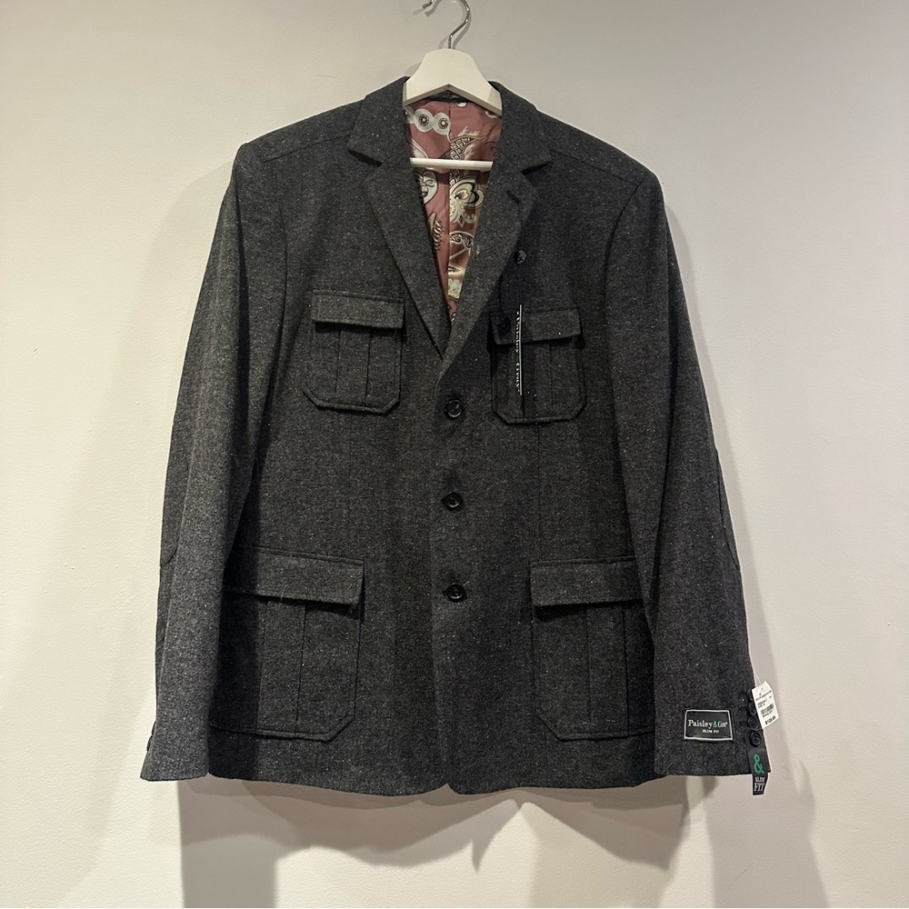 Paisley & Gray Men's Charcoal Grey Slim Fit Tweed Military Jacket